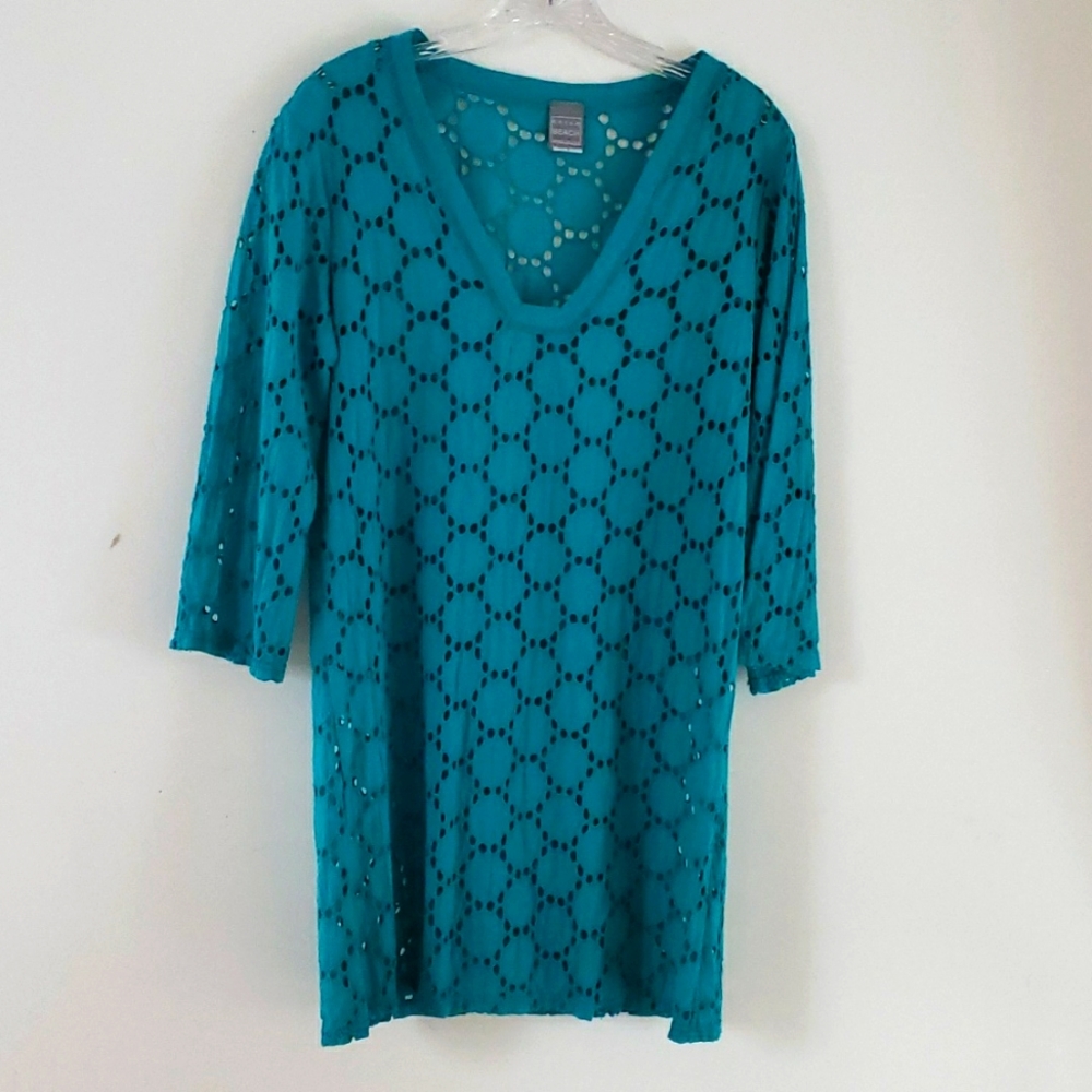 DREAM BEACH USA Cotton Cover-Up in beautiful aqua blue Eyelet tunic Size L
